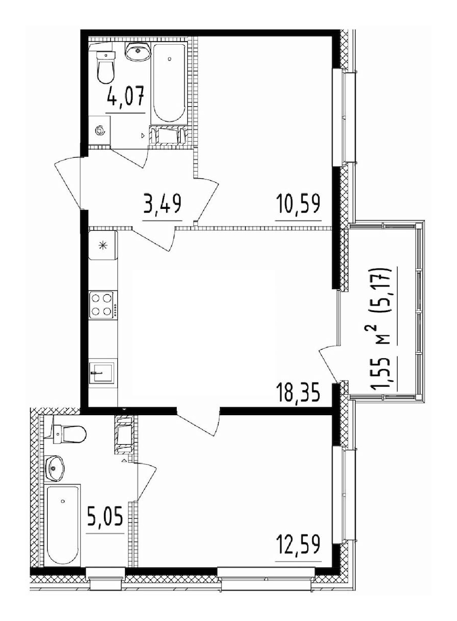 2-комнатная квартира 59.35 м², 13/14 эт., ЖК «Чёрная речка(Nordest)»